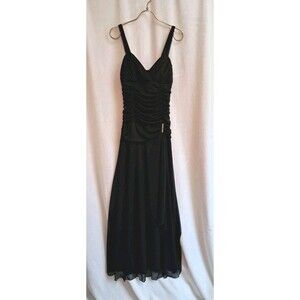 B. Smart Evening Sleeveless Maxi Dress Ruched Sheer Lined Adorned Black Size 14